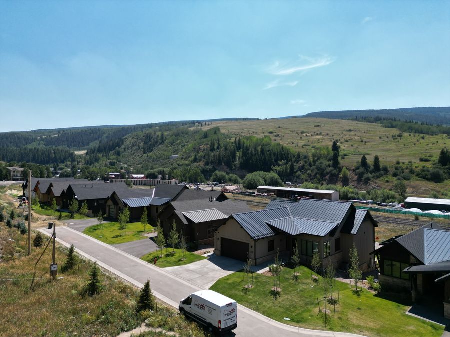 Aerial view of an in-progress new construction landscaping project in Minturn, Colorado